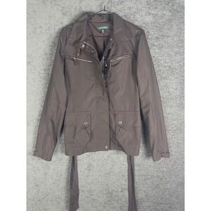 LRL Ralph Lauren Jacket Womens PS Brown Strap Moto Strap Full Zip Snap